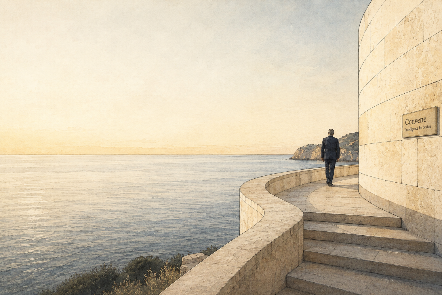 Redactionele illustratie van een ervaren leider op een architectonische route naar de horizon