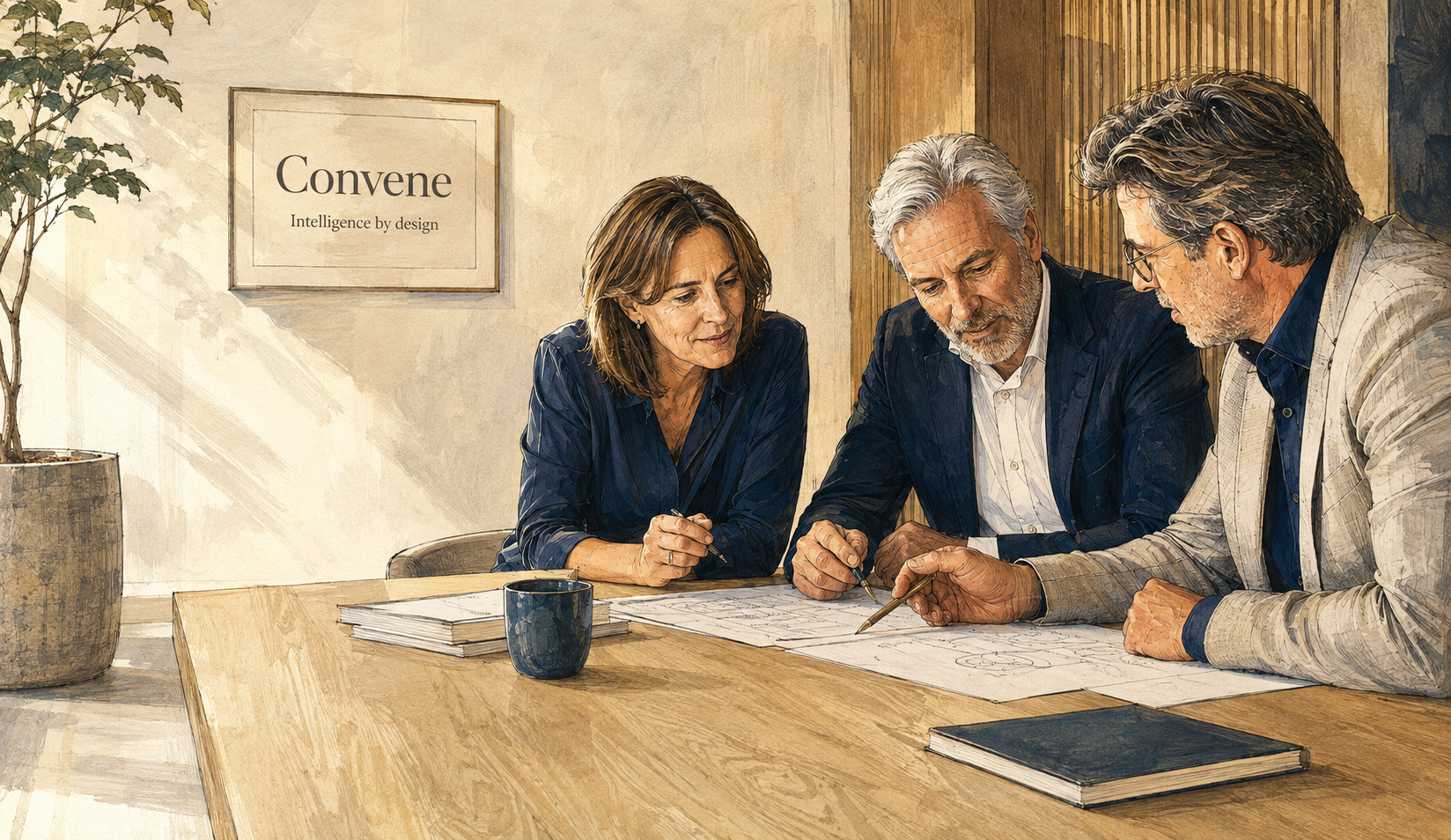 Redactionele illustratie van directieleden in een inhoudelijk strategisch overleg
